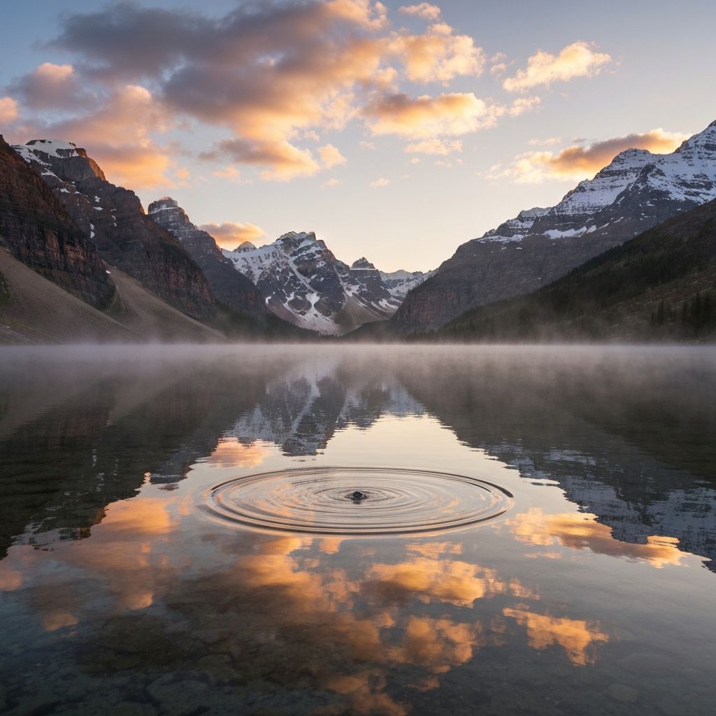 Still mountain lake at dawn with perfect mirror reflection - representing inner clarity and state regulation